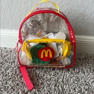 Vintage McDonalds Play Food Set 2001 Clear Plastic Backpack & Plastic Food
